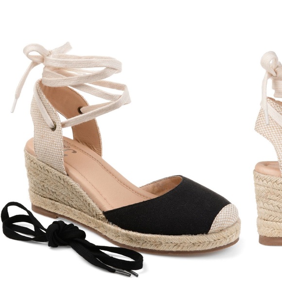 Montce Black and Cream Espadrille Wedge Sandals with Ankle Ties - Picture 9 of 11